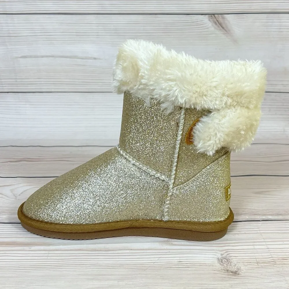 Lamo APRES Youth Winter Boots Girls 2Y Glitter Gold Slip-On Faux Fur Wrap Cuff